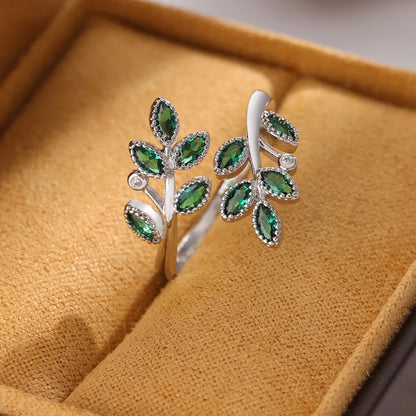 Green Crystal Leaf Silver Ring Creative Exquisite Opening Ring