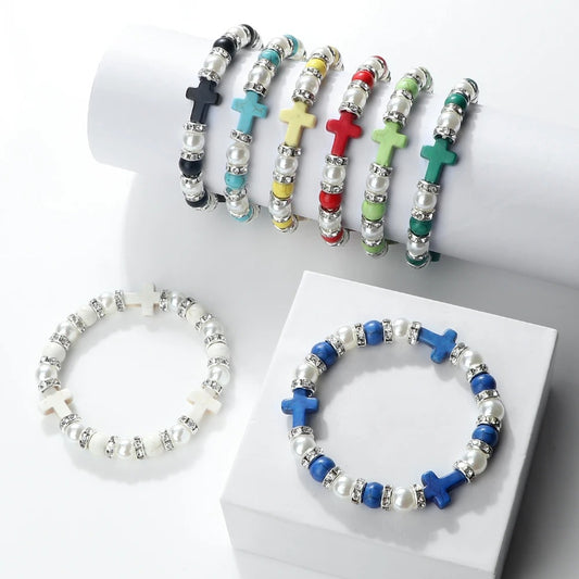 Prayer Natural Stone Bracelet Crystal Rhinestone Pearl Beads Bracelet Men Rosary Cross Bracelet Women Yoga Jewelry Homme Pulsera