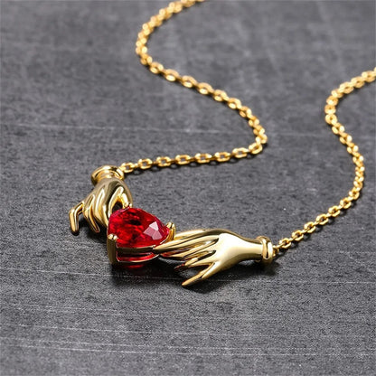 Creative Hands Red Rhinestone Love Heart Charms Pendant Necklace Jewelry Trendy Alloy Zirconia Choker Necklaces Party Gift