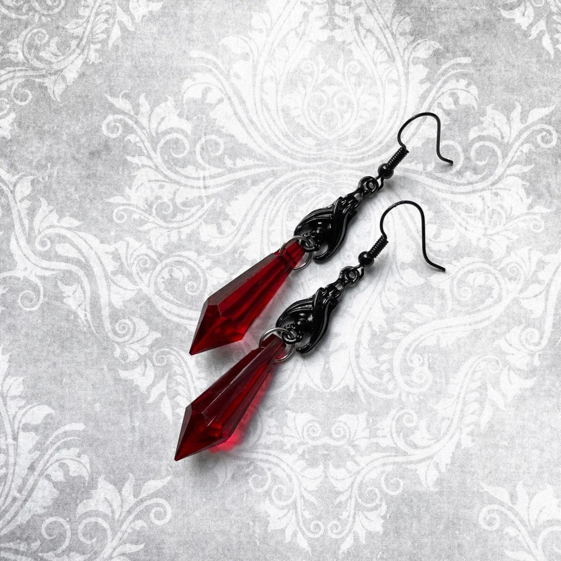 Black Earrings with Red Teardrop Beads, Earrings, Gothic Jewelry,Alternative Jewelry,Gothic Gift for Her,Bat Lover,Halloween
