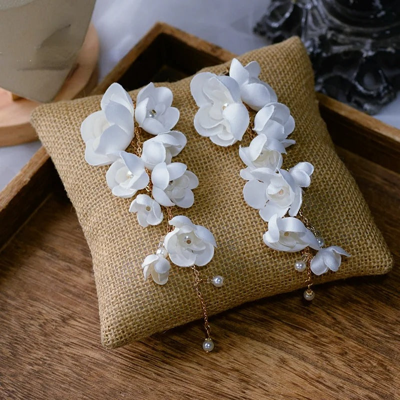 Hand-Beaded Flower Drop Earrings Women Fabric Wedding Jewelry