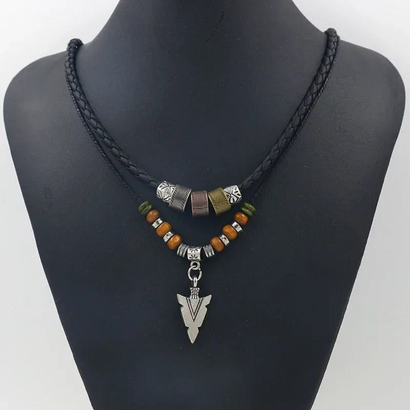 Stacked Artificial Leather Rope Beaded Necklace Men Vintage Layered Tribal Arrow Pendant Necklace For Men Jewelry Collar Hombre