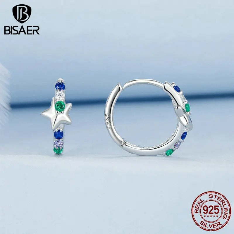 925 Sterling Silver Rainbow Stars Ear Buckles Multicolored Zircons Circle Hoop Earrings For Woman Party Fine Jewelry
