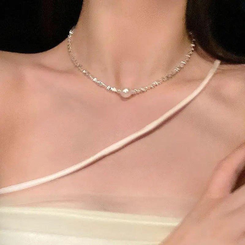 Vintage Imitated Pearl Pendant Necklace Exquisite Silver Color Geometric Beaded Neck Chain for Women Korean Fashion Jewelry