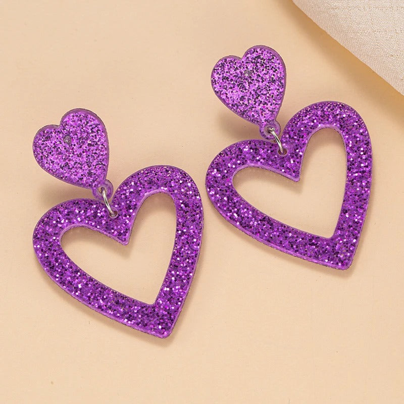 Golden Double Heart Drop Earrings Women Bling Acrylic Jewelry