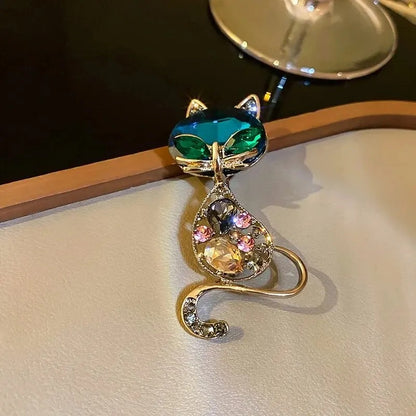 Women’s Gold Cat Brooch Rhinestone Collar & Dress Accessory