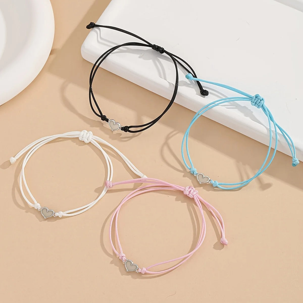 4-Pc Glow-in-the-Dark Heart Bracelets Hand-Woven Wax Cord