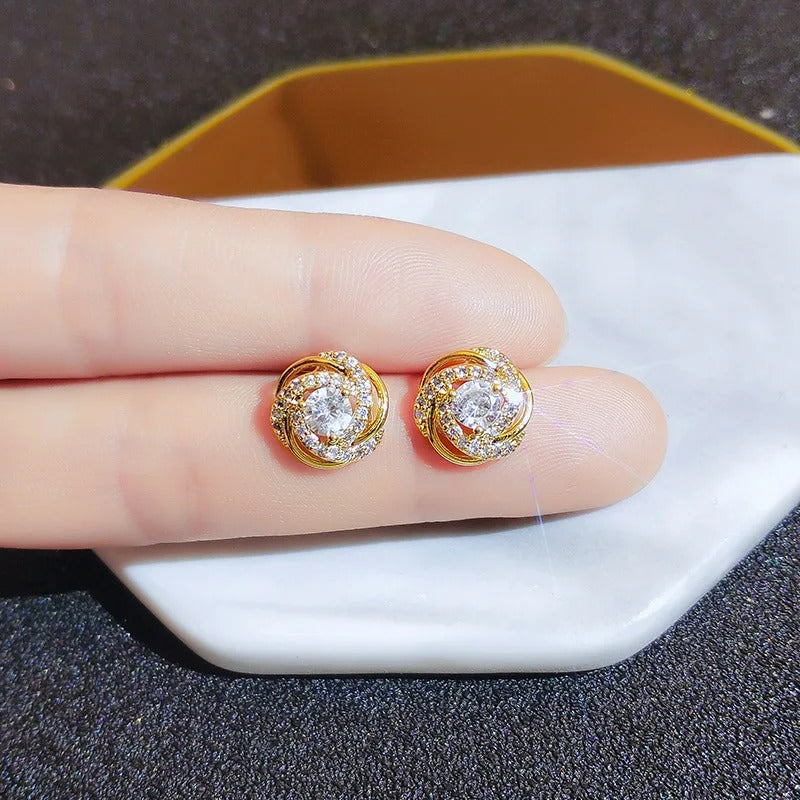 18K Gold Women’s Crystal Stud Earrings Vintage Party Jewelry