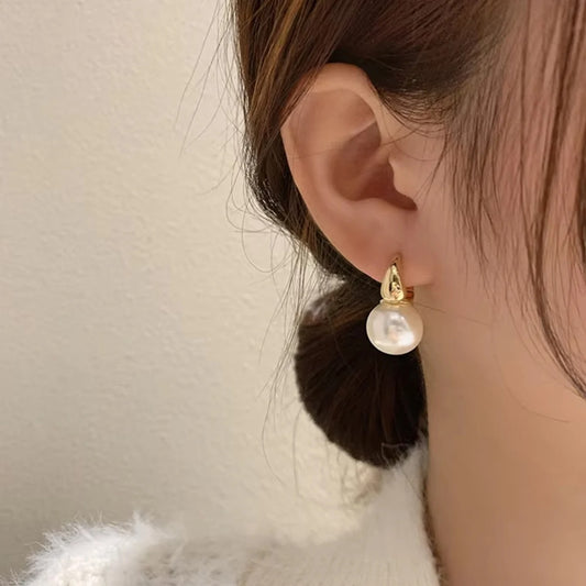 Women Gold Color Pearl Hoop Earrings Eardrop Fashion Jewelry