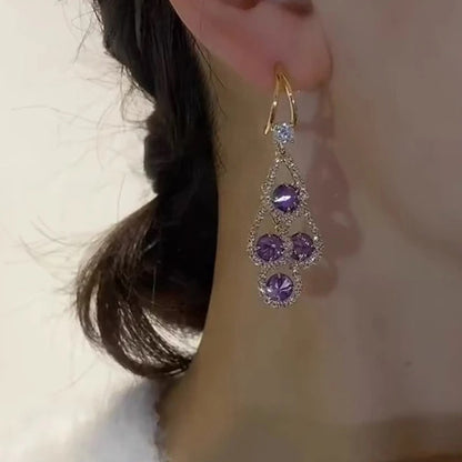 Vintage Purple Crystal Water Drop Tassel Earrings Women Party Jewelry