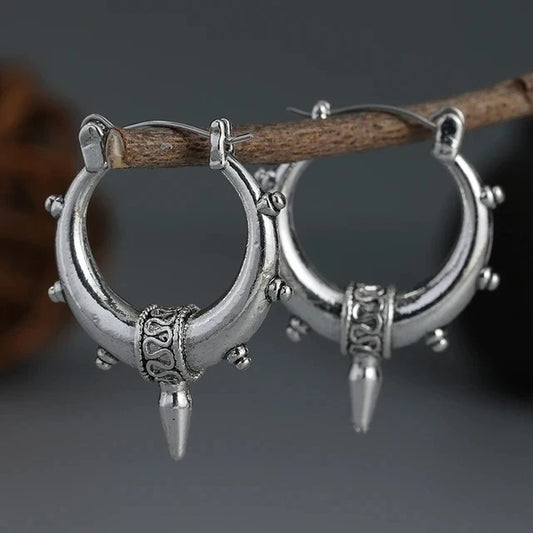 Women’s Silver Round Carved Earrings Vintage Punk Fashion Jewelry