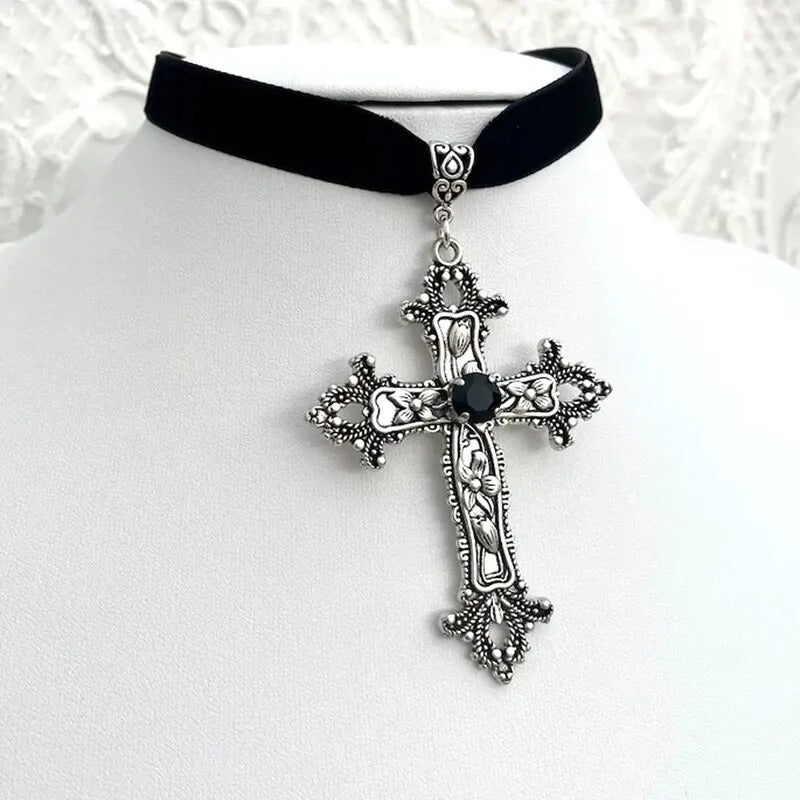 Gothic Cross Shaped Black Velvet Necklace Elegant Women