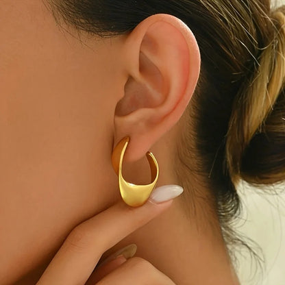 Luxury Chunky Gold Stainless Steel Hoop Earrings for Women Glossy Round Cubic Ear Clips Trendy Wedding Party Jewelry