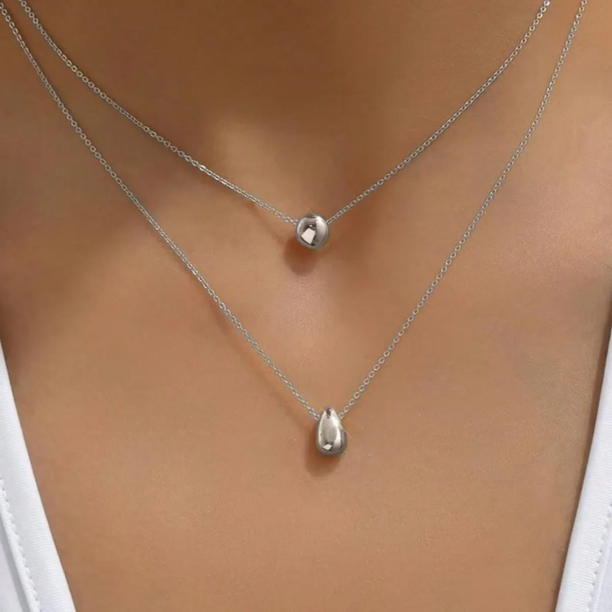 Double Layer Water Drop Ball Necklace Stainless Steel Women