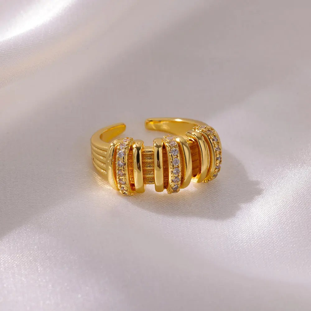 Chunky Gold Zircon Ring Stainless Steel Shiny Statement Jewelry for Women.