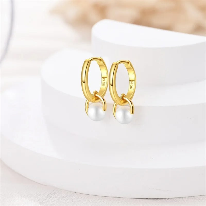 Women’s Golden Pearl Hoop Earrings 925 Sterling Silver Jewelry