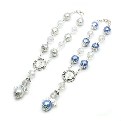 Angel Baptism Pearl & Crystal Rosary Bracelet White Blue