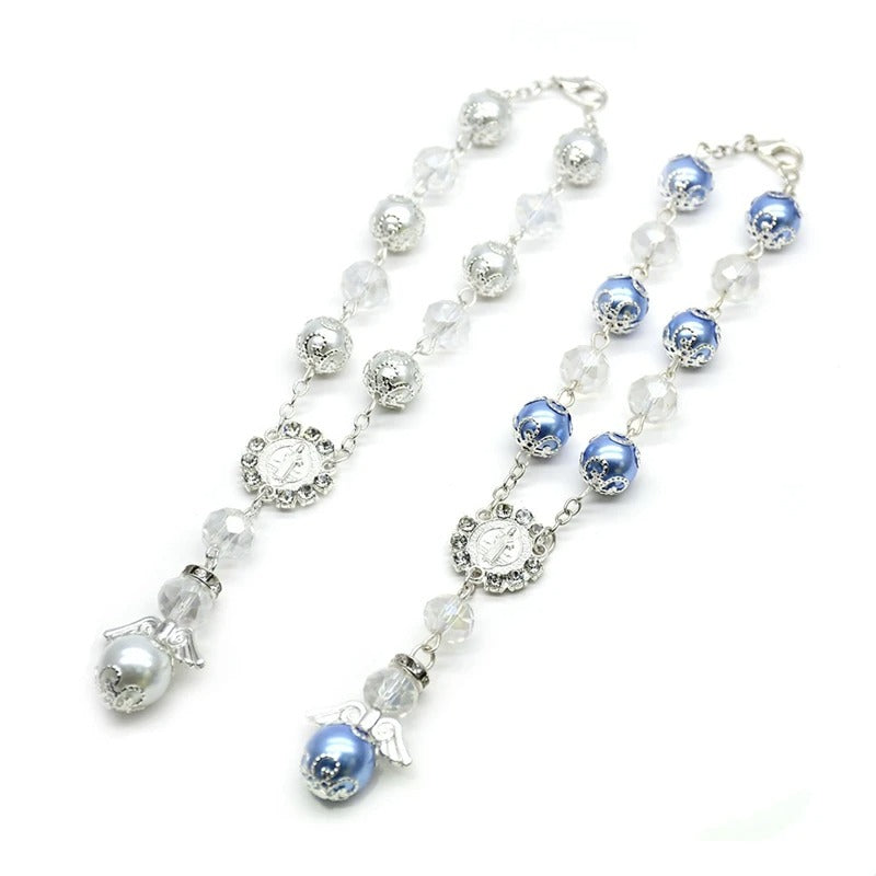 Angel Baptism Beads Imitation Pearl Crystal Rosary Bracelet With Box Saint Benedict Religious Jewelry White Blue