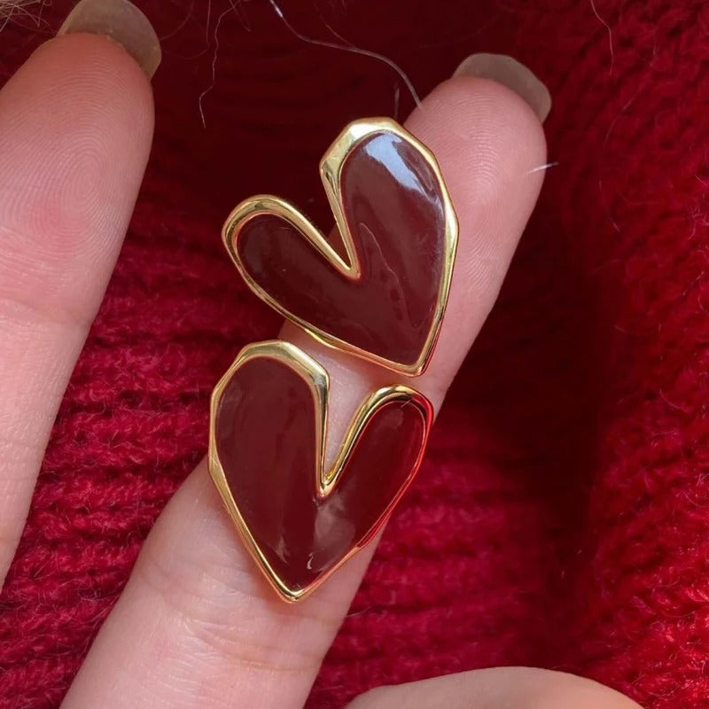Cute Red Heart Stud Earrings Golden Metal Trendy Jewelry Women