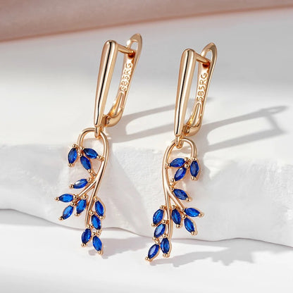 Blue Natural Zircon Leaf Shape Dangle Earrings For Women 585 Rose Gold Color Long Earrings Party Gift