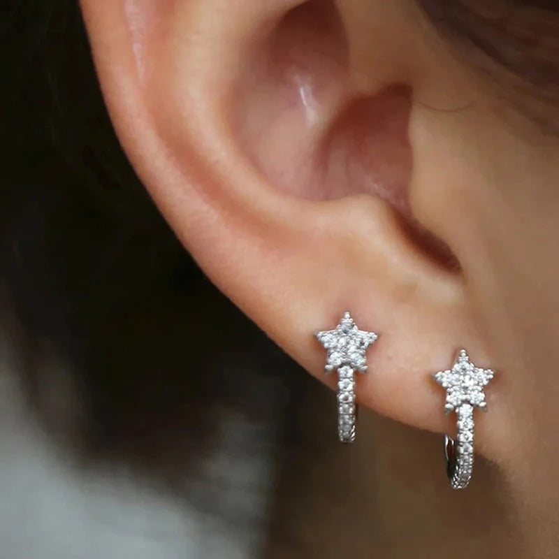 Huitan Star Hoop Earrings Silver CZ Dazzling Jewelry for Women