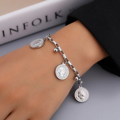 Stainless Steel Queen Coin Pendant Bracelet Women Jewelry Gift