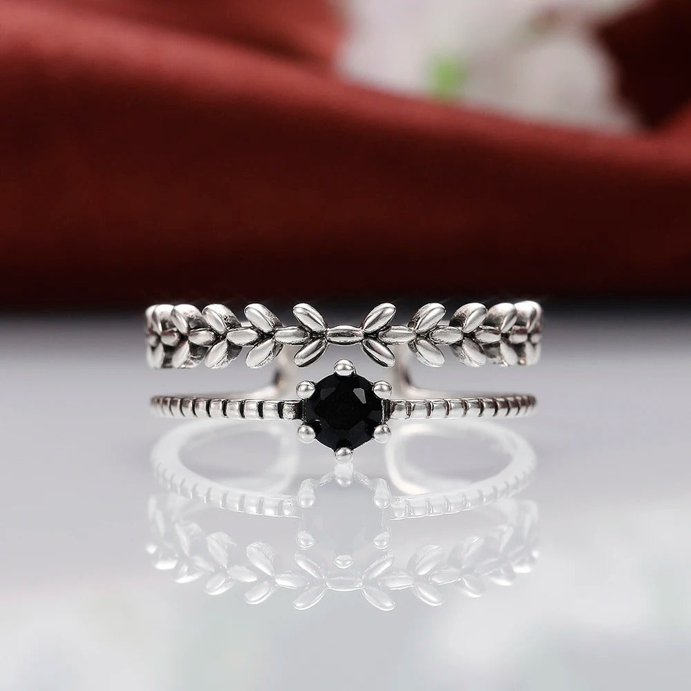 Antique Silver Color Vintage Adjustable Rings for Women Branch Black Stone Double Layer Opening Rings Fancy Girls Jewelry