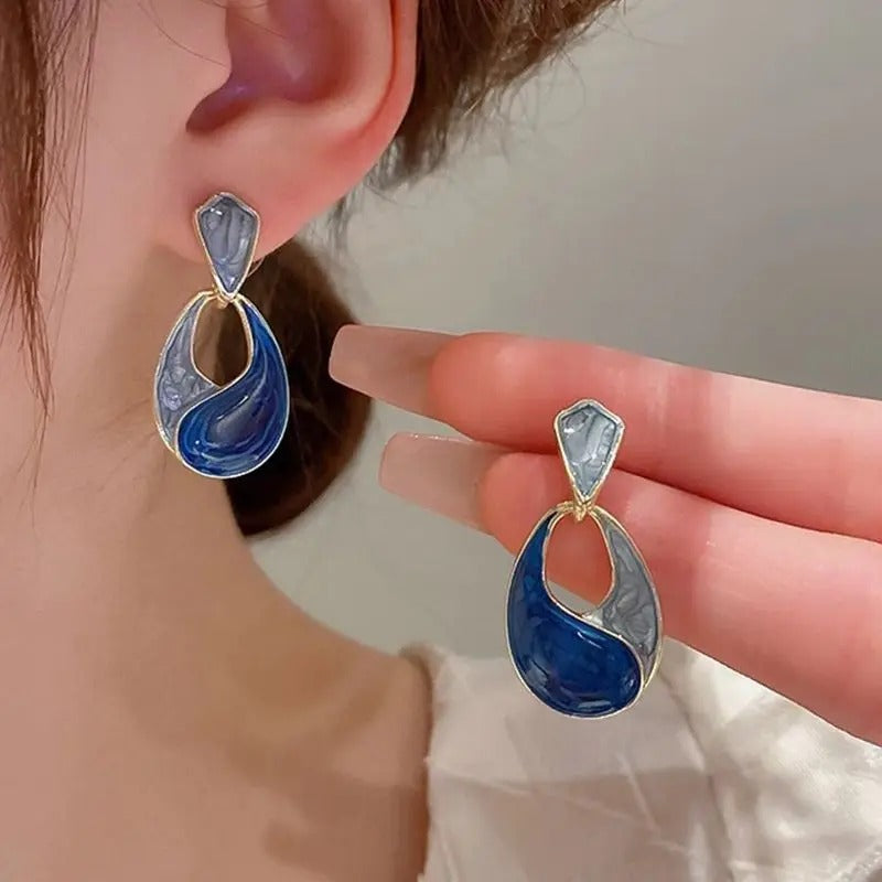 Grey Blue Enamel Water-Drop Dangle Earrings Women Trendy Jewelry