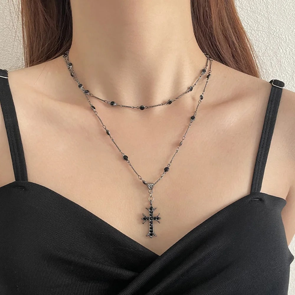 Summer Black Rhinestone Cross Jesus Pendant Choker Necklace for Women Punk Vintage Double Layers Chain