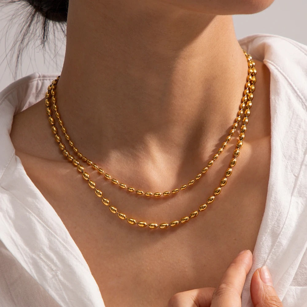 Stainless Steel Beads Chain Layered Necklace for Women Minimalist Metal Golden Plated Double Layer Geometric Necklace