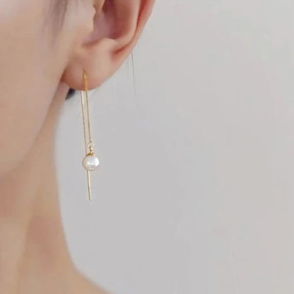 Huitan Dainty Long Hanging Pearl Earrings Elegant Gold Color Engagement Jewelry for Women