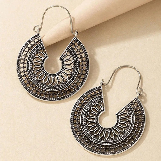 Ethnic Indian Mandala Flower Drop Earrings Women Silver Boho