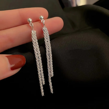 Silver Tassel Long Earrings Women Korean Trendy Dangle Jewelry