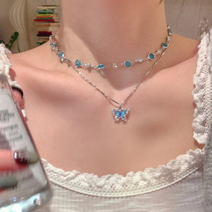 Blue Crystal Butterfly Necklace Women’s Bilayer Choker
