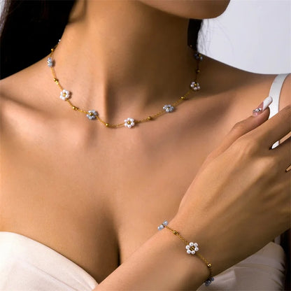 Sweet Imitation Pearl Flower Bracelet Jewelry Set for Women's Hand Neck Fashion Metal Chain Necklace Boho Accessories Gifts