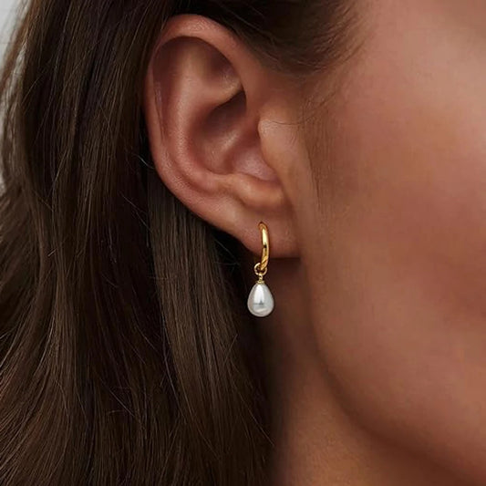 Trendy 14K Gold Plated Pearl Dangle Drop Hoop Earrings for Women CZ Irregular Knot Huggie Studs Hypoallergenic Jewelry