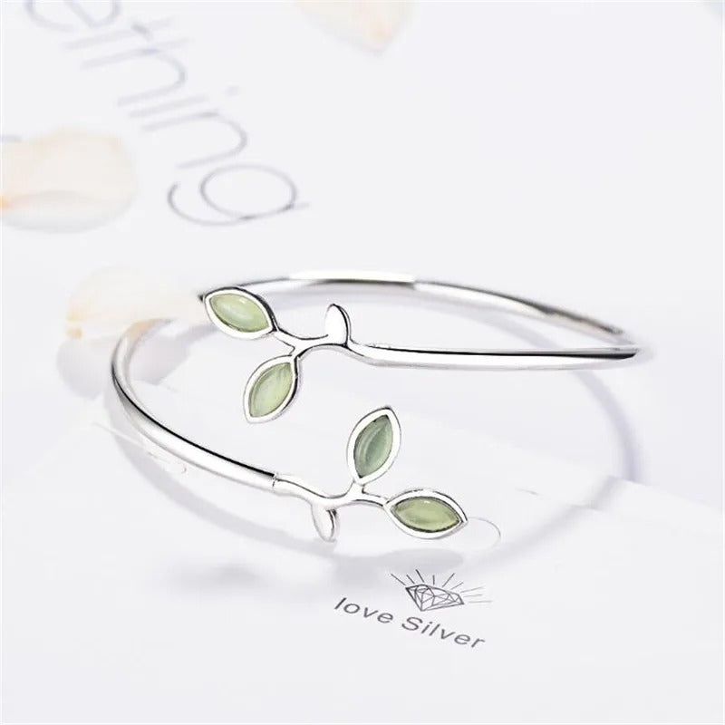 Sprout Leaf Crystal Bracelet Women 925 Sterling Silver Jewelry