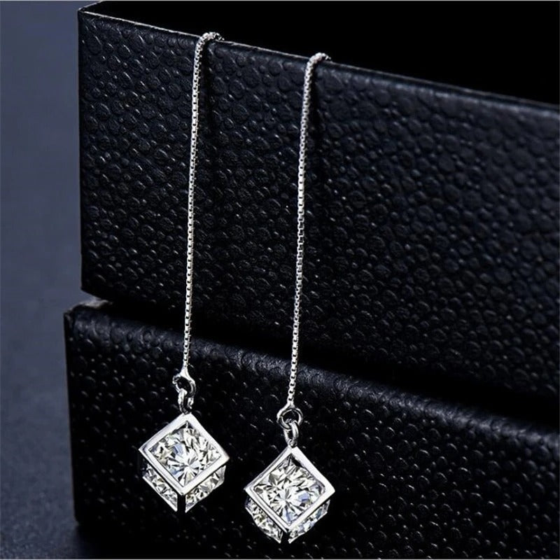 Fashion Silver Cube Love Window Zirconia Drop Earrings Women