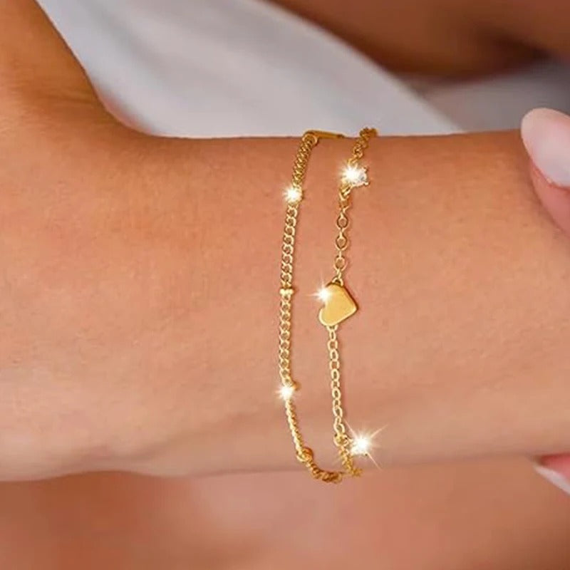 14K Gold Plated Love Heart Bracelet Women’s CZ Stainless Steel Jewelry