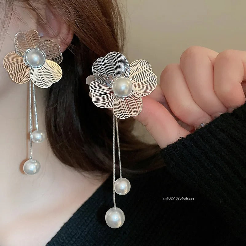 Flower Petal Tassel Earrings Women Long Imitation Pearl Jewelry