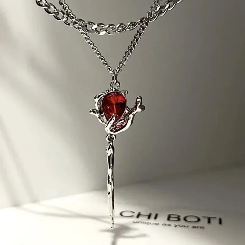 Double Layer Red Zircon Rose Necklace Y2K Floral Jewelry