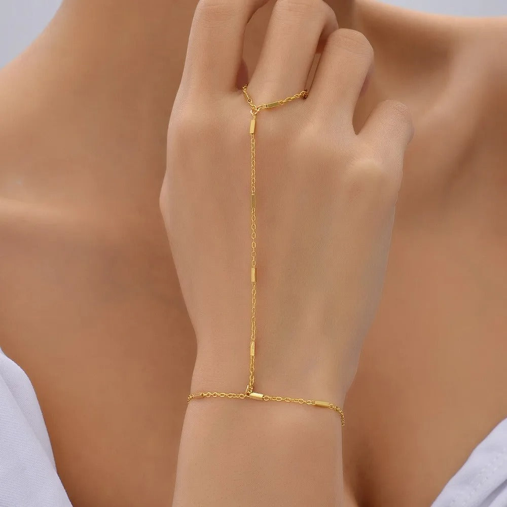 Gold Chain Hand Harness Bracelet with Finger Rings for Women