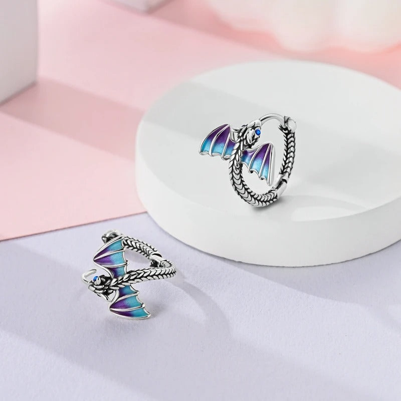 925 Sterling Silver Blue Purple Dragon Hoop Earrings Women Jewelry