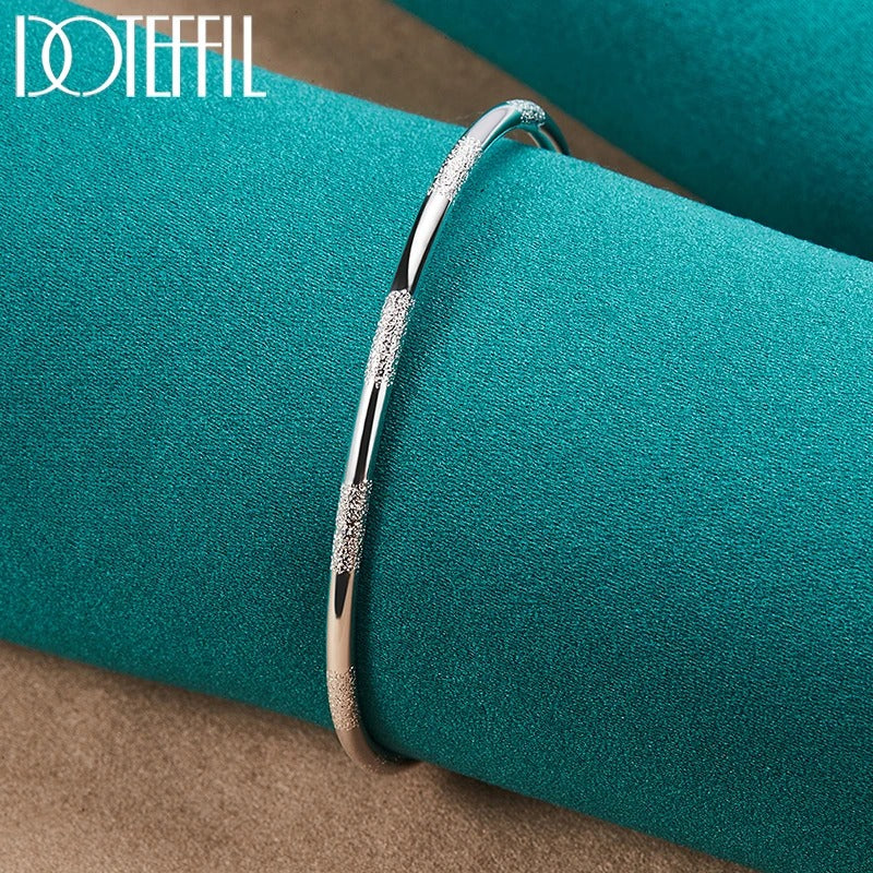 DOTEFFIL 925 Silver Double Beads Cuff Bangle Smooth Matte Bracelet