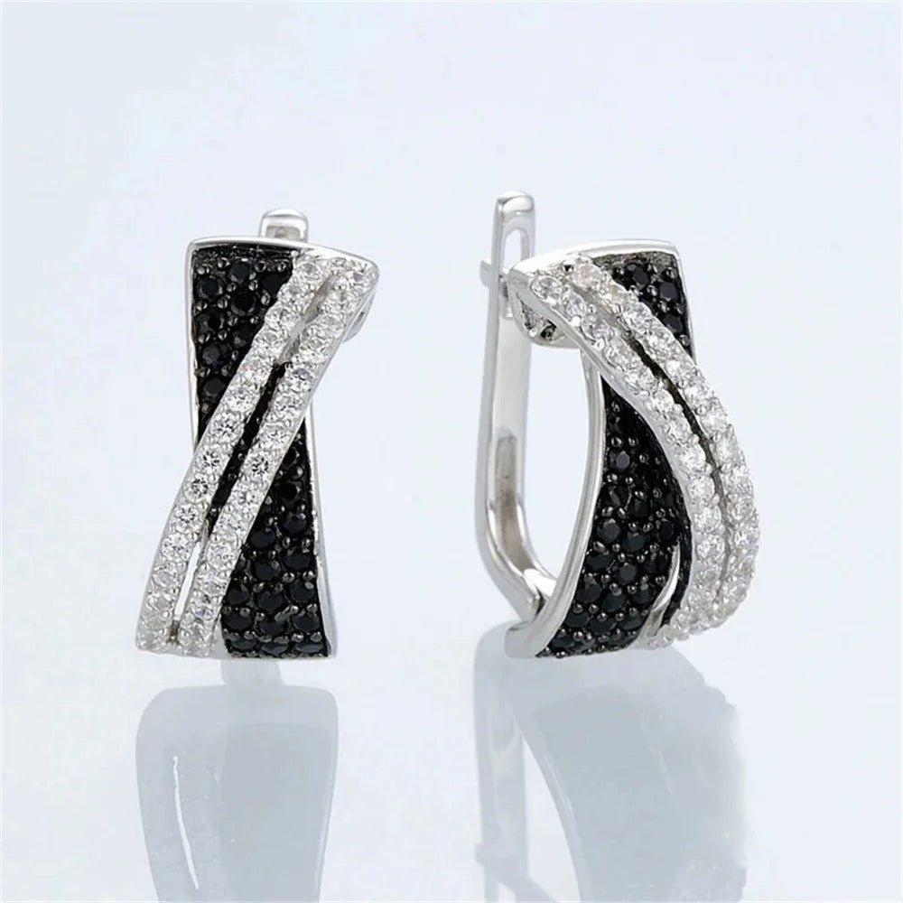 Cute Female Small White Black Zircon Stone Hoop Earrings Vintage Fashion Silver Color Wedding Jewelry For Women