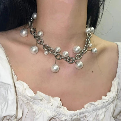 Personalized Punk Style Chain Imitation Pearl Necklace, Women's Fashion Trend Holiday Party Accessories Gift