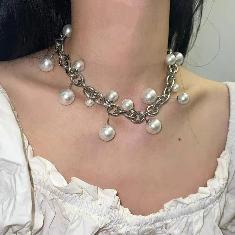 Personalized Punk Style Chain Imitation Pearl Necklace, Women's Fashion Trend Holiday Party Accessories Gift