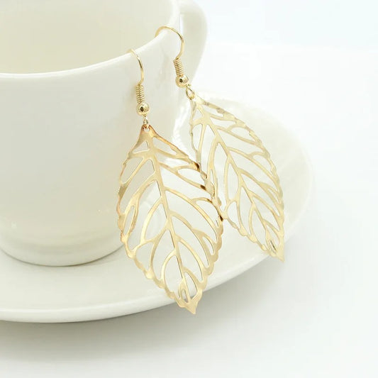 Hollow Out Leaf Drop Earrings Silver Golden Dangle Women
