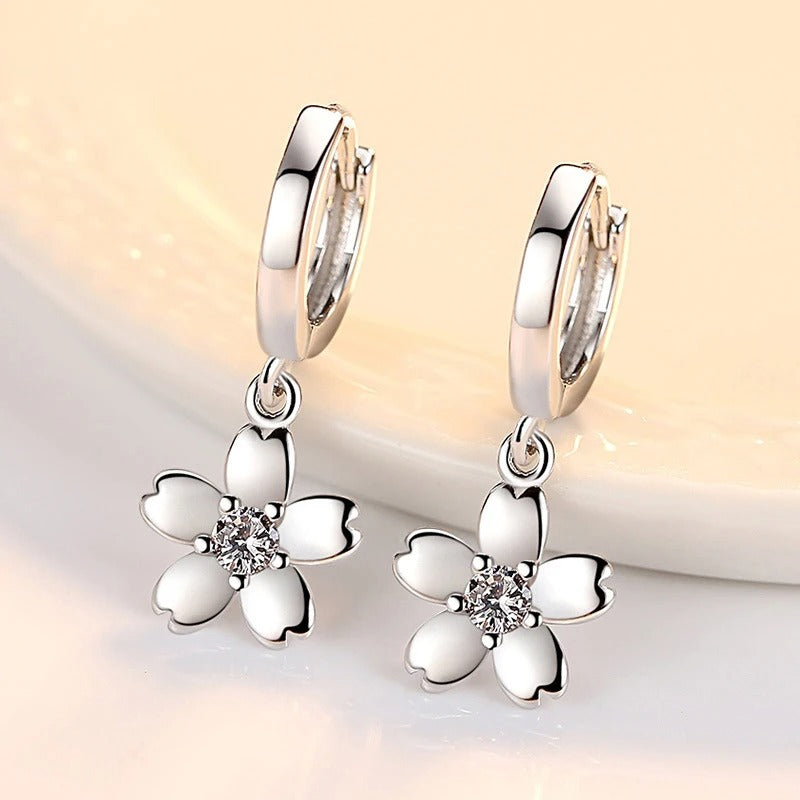 925 Sterling Silver Cherry Blossom Earrings Women Pink White Zircon
