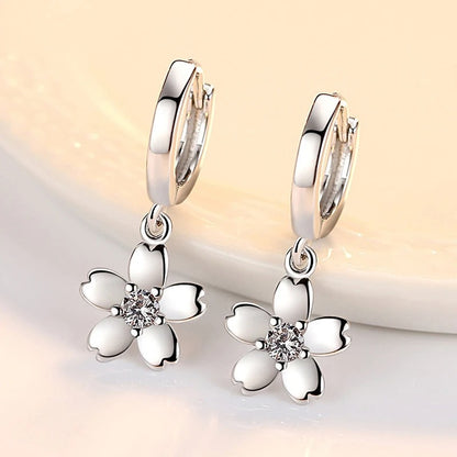 925 Sterling Silver Cherry Blossom Earrings Women Pink White Zircon